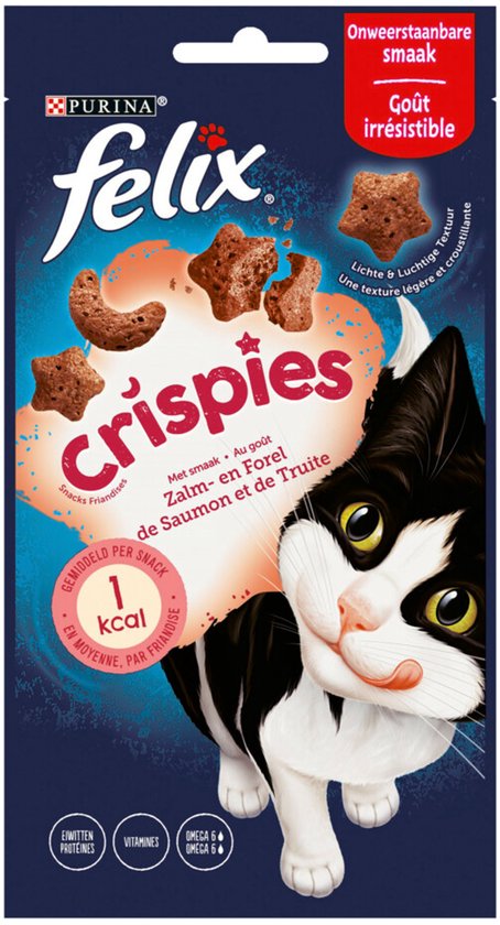 Felix Crispies kattenvoer met zalm en forel. De verpakking bevat 45g en is voor volwassen katten.
