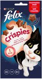 Felix Crispies kattenvoer met zalm en forel. De verpakking bevat 45g en is voor volwassen katten.