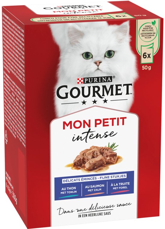 Verpakking Purina Gourmet Mon Petit Intense kattenvoer met witte kat, 6 x 50g met tonijn, zalm of forel in saus.