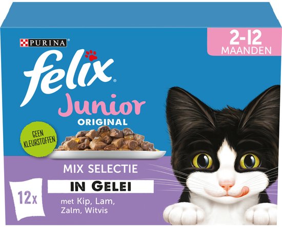 Felix Junior Original Mix Selectie in gelei met kip, lam, zalm, witvis. Geen kleurstoffen.