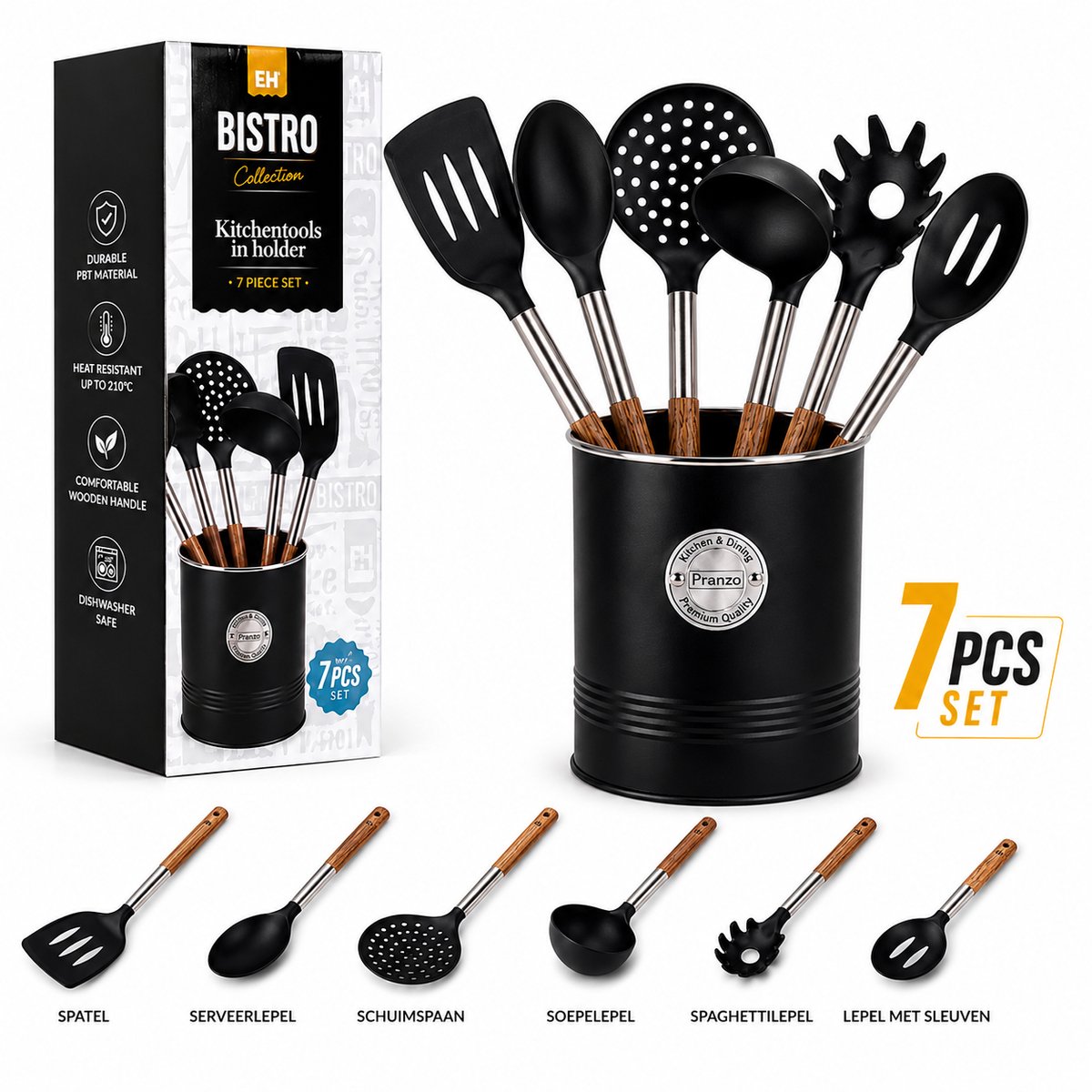 EasyMart Luxe Keukengerei Set 7-Delig – Siliconen Keukentools met RVS Houder – Zwart Mat Design – Hittebestendig & Krasvrij – Inclusief Spaghettilepel, Schuimspaan en Serveerlepel