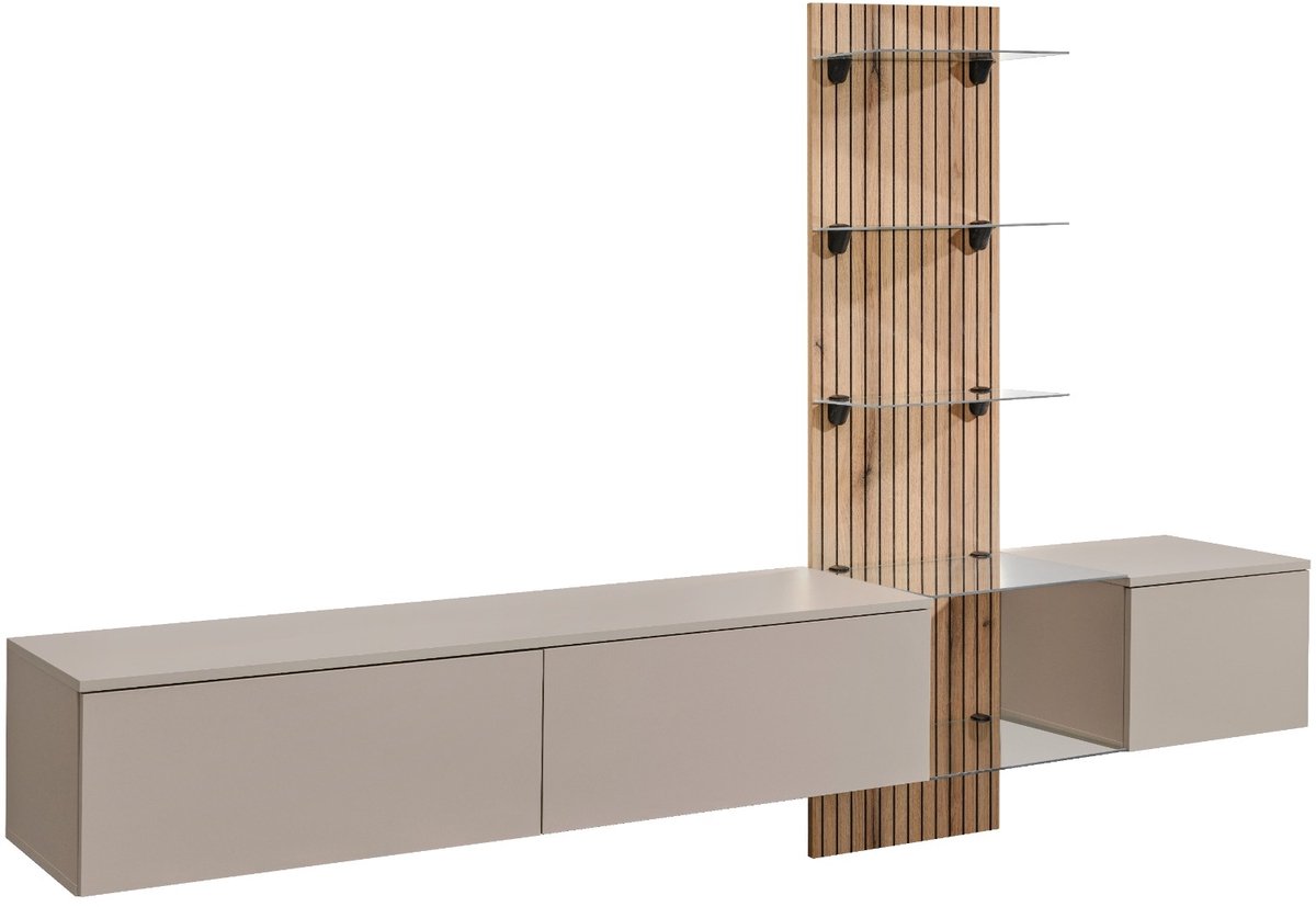 ZHPK Luxe TV Wandmeubel met LED en Glazen Planken – Zwevend TV Meubel – Modern Design – Beige/Eikenlook – 220x160x40 cm kashmir