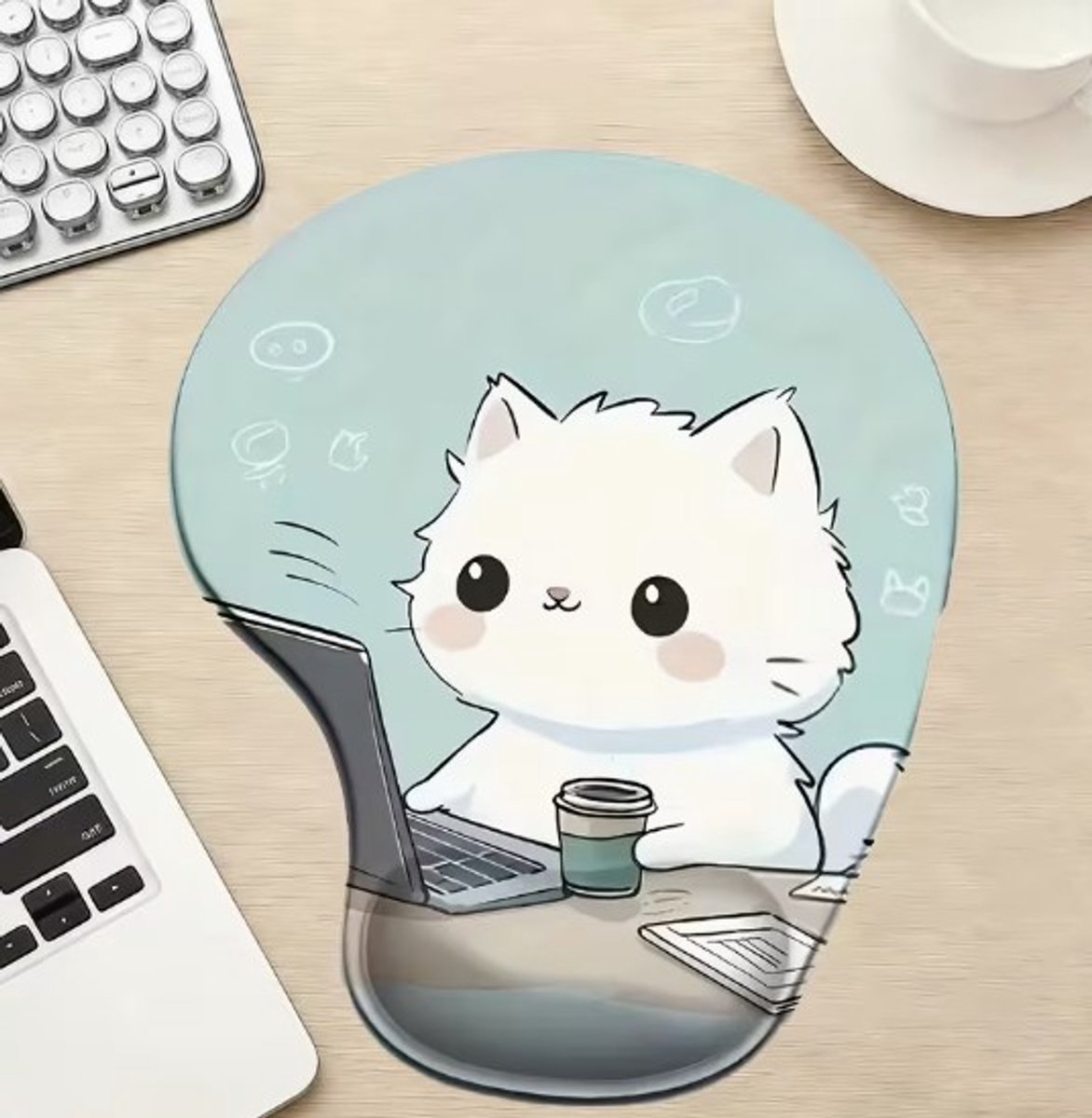 Kawaii Kat Ergonomische blauwe Muismat met Polssteun – Comfort Gaming & Office Mousepad
