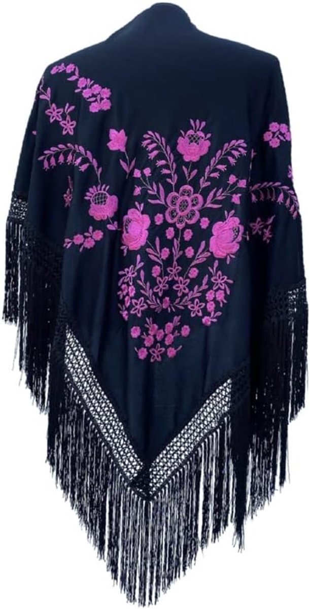 La Señorita - Spaanse manton - omslagdoek – zwart Large met roze bloemen