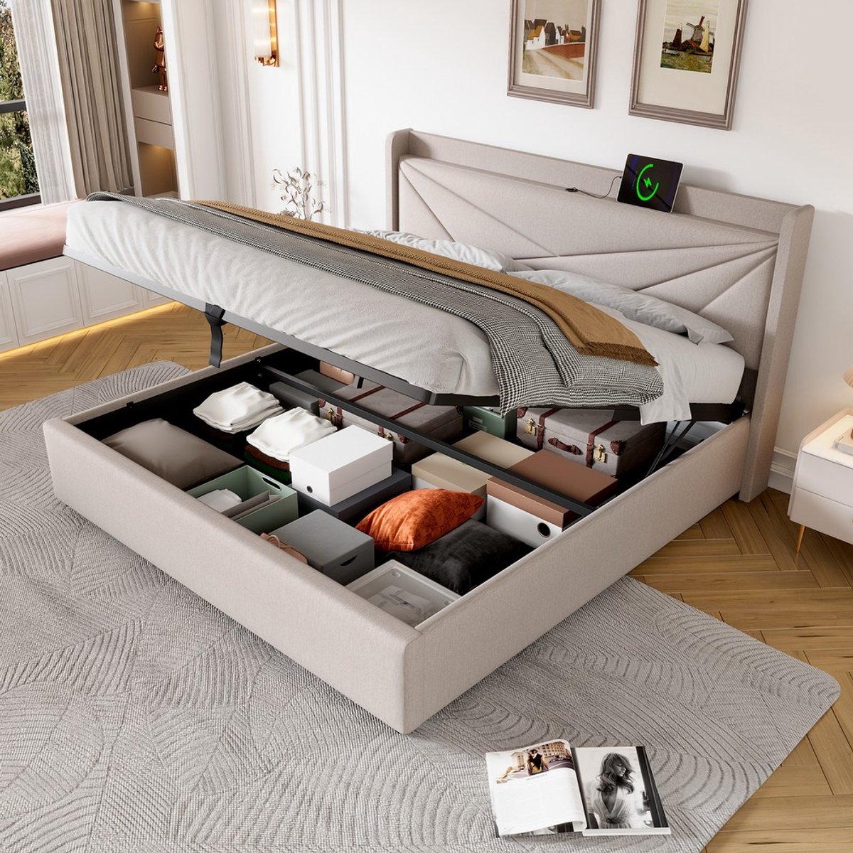KOMHTOM Gestoffeerd tweepersoonsbed - met opbergruimte - bedkist met USB Type-C-oplaadfunctie in het hoofdeinde - opbergbedden - linnen bedframe - jeugdbed - 180x200 cm - met lattenbodem - zonder matras Beige
