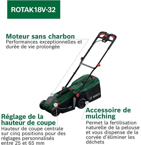 Groene Bosch grasmaaier ROTAK18V-32 met duwboom en grasopvangbak.