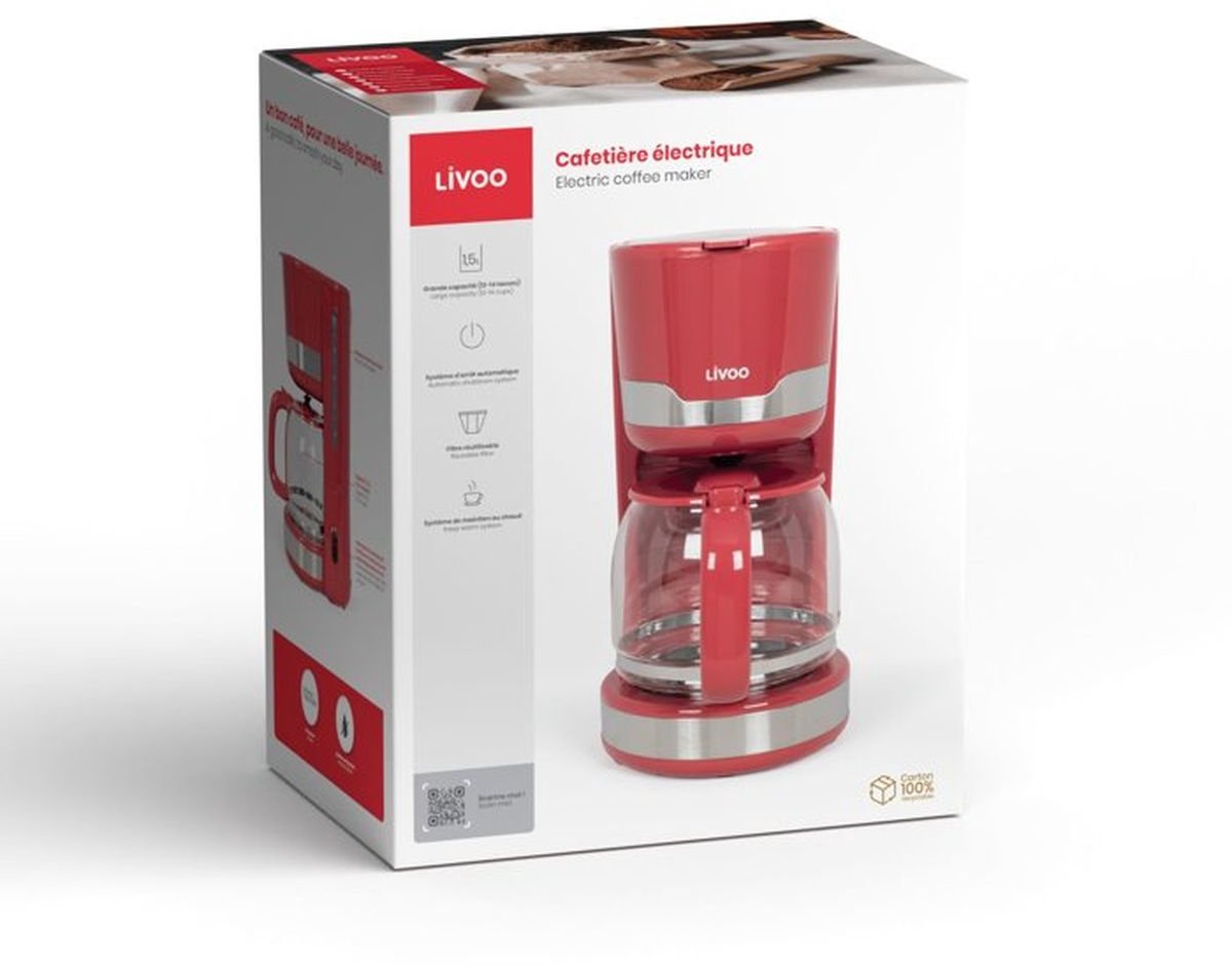 Elektrisch koffiezetapparaat - LIVOO - DOD201RC - 1000 W - 1,5 L - 12 tot 14 kopjes - Chilirood