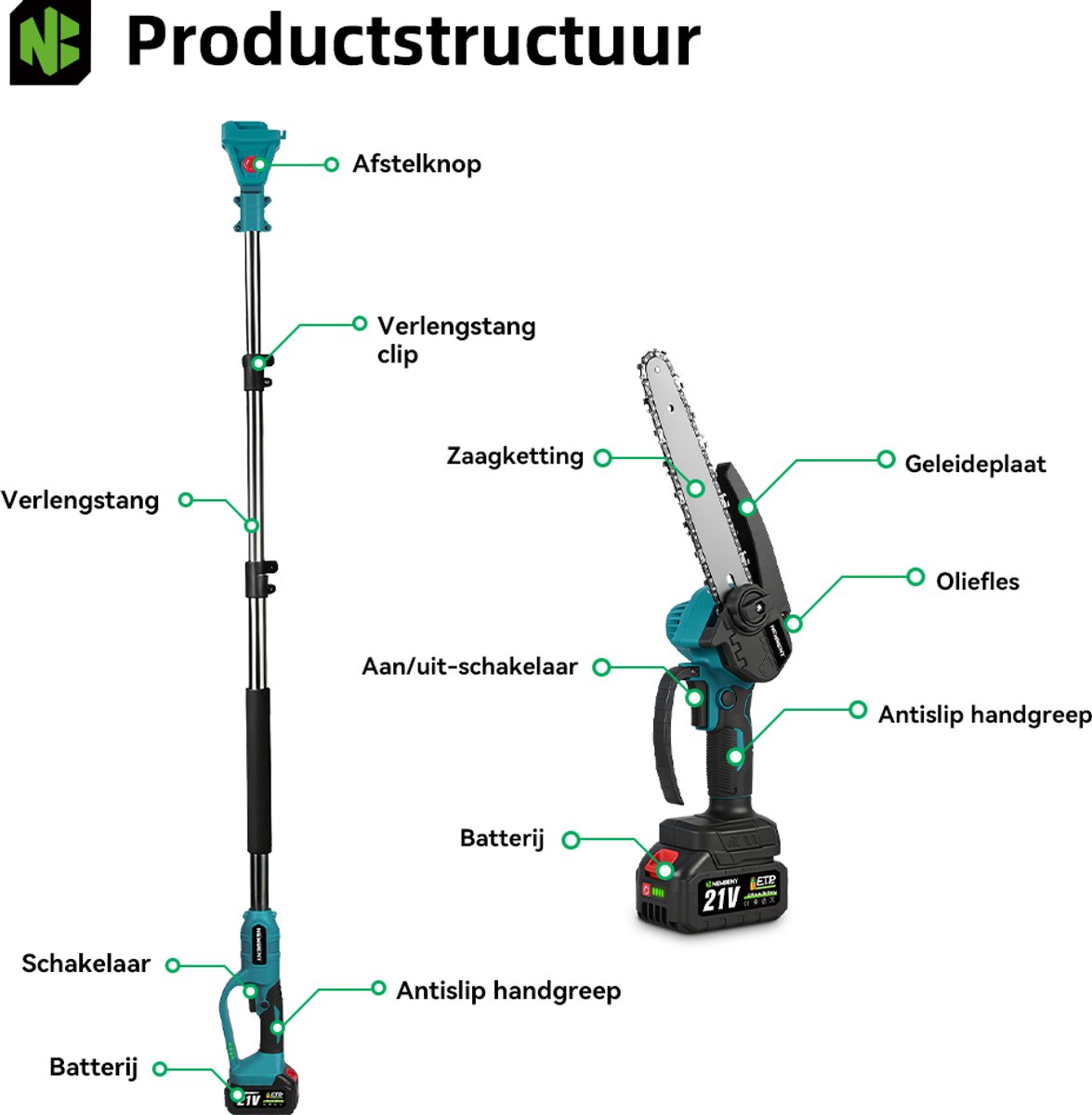 NewBeny Kettingzaag + Telescopische Steel - 6 Inch Kettingzaag - Telescoopsteel Accu-Hoogsnoeier - 1 m tot 2 m - met 2 Accu's - voor Baum- und Heckenschneiden thumbnail 4