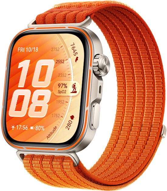 Zilverkleurig smartwatch met oranje stoffen band. Het scherm toont 'FRI 10/18', 10:08, 97% SpO2 en hoogtegegevens.