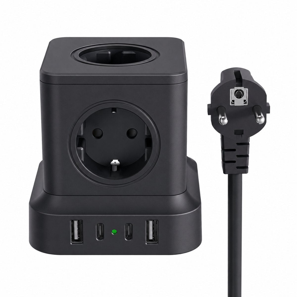 Kubus verdeelstekker met USB poorten en snoer - stopcontact splitter - stekkerdoos - met schakelaar - 5 stopcontacten - 20 Watt USB-C poort - Zwart
