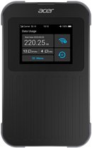 Zwart-grijze Acer mobiele router met een touchscreen dat dataverbruik toont.