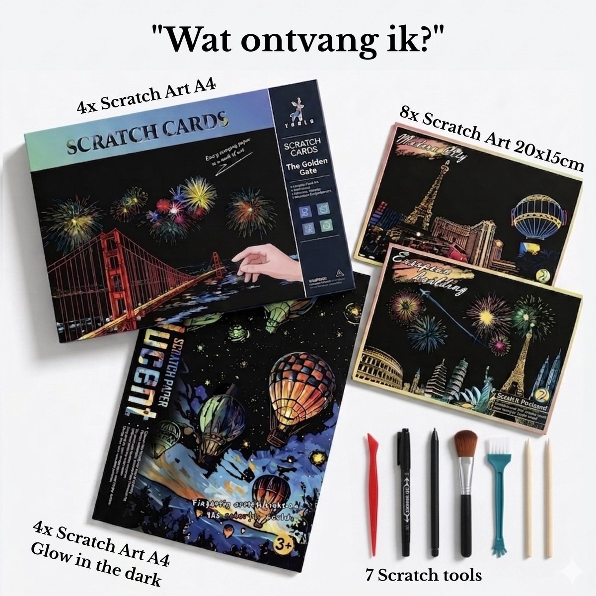 Scratch Art 3 Sets in 1 XL Voordeelbundel | Startersset / Cadeaupakket | Magic Kras Tekeningen Kraskaarten Krasfolie Kraskaart | Scratch Art Kinderen en Volwassenen | Knutselen Tekenen | Painting Schilderen op Nummer Diamond Painting — afbeelding 2
