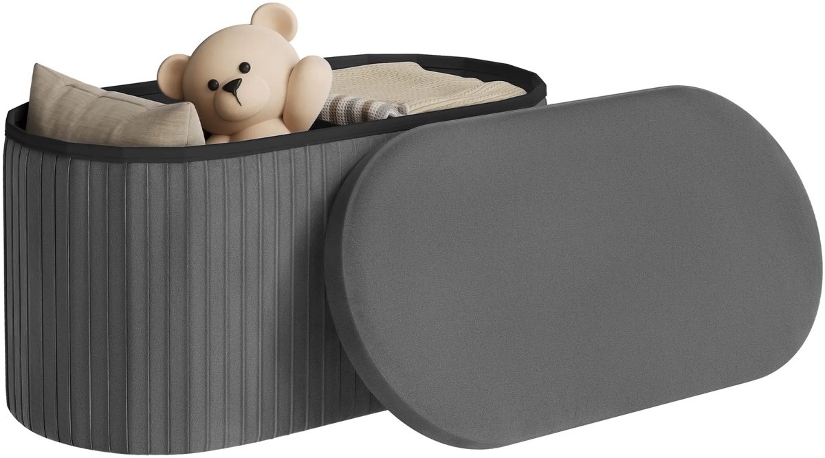 BukkitBow - Ronde Velvet Poef met Opbergruimte - Opvouwbaar - Modern Design - Grijs - Maat: M