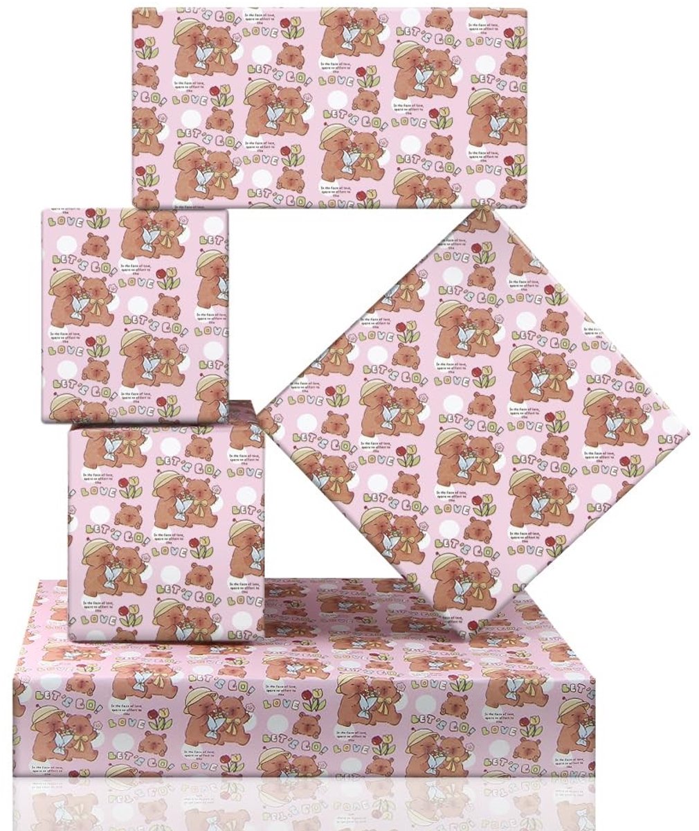 Jhubersproducts - Capybara Verjaardagsinpakpapier - Cadeaupapier voor Kinderen - 4 Vellen van 50 x 70 cm - Mooi en Kleurrijk - Geschikt voor Verjaarda