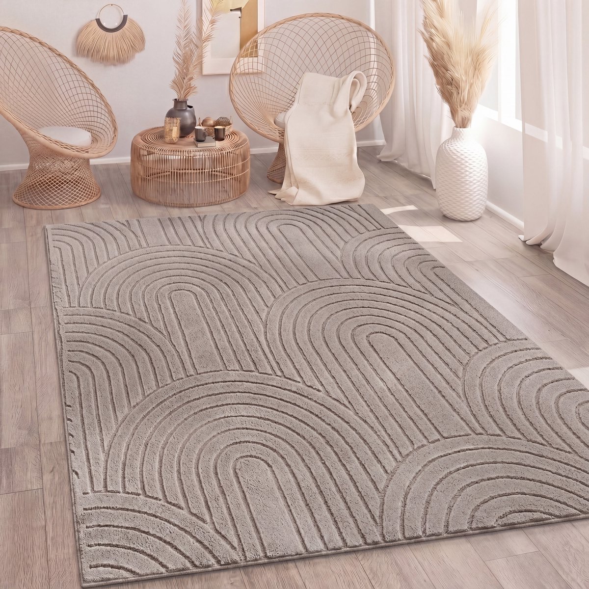 Paco Home Tapijt Woonkamer Slaapkamer Hoogpolig Zacht Afwasbaar Uni 3D Optiek Modern Taupe 120x160 cm