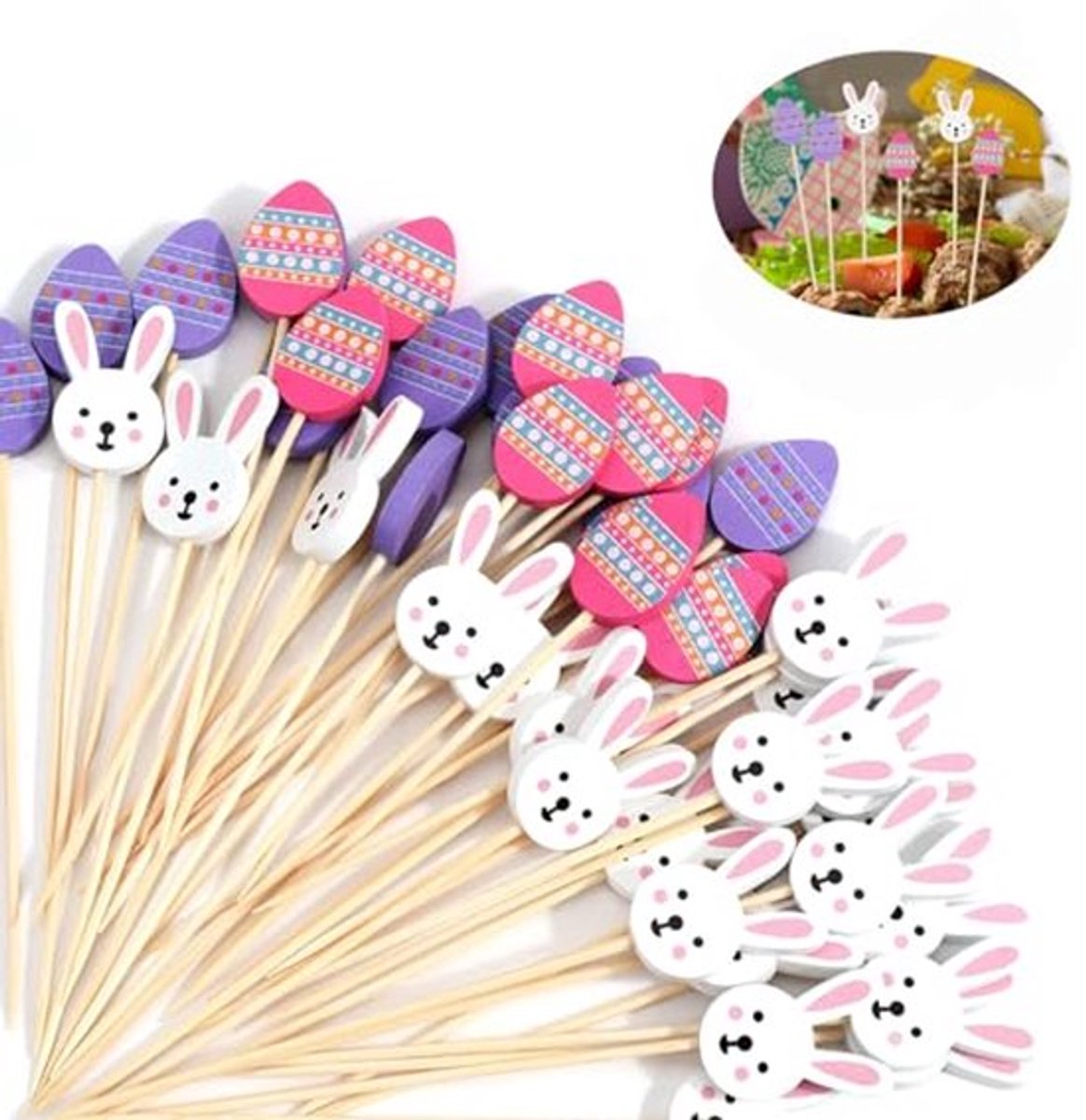 100 Paascocktail Bamboestokken - Konijntje en Eieren - 13cm Decoratieve Spiesjes