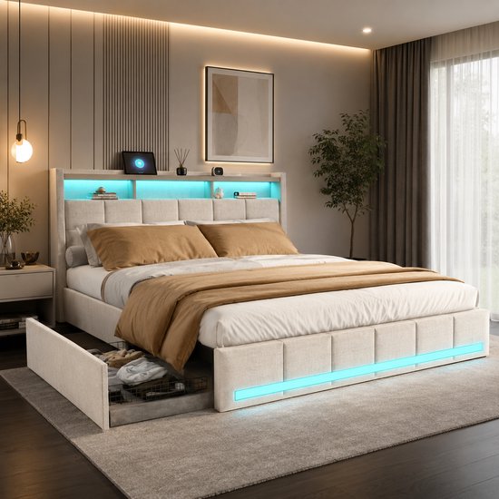 Lichtbeige gestoffeerd tweepersoonsbed met een hoofdbord met geïntegreerde LED-verlichting en opbergruimte onder het matras.