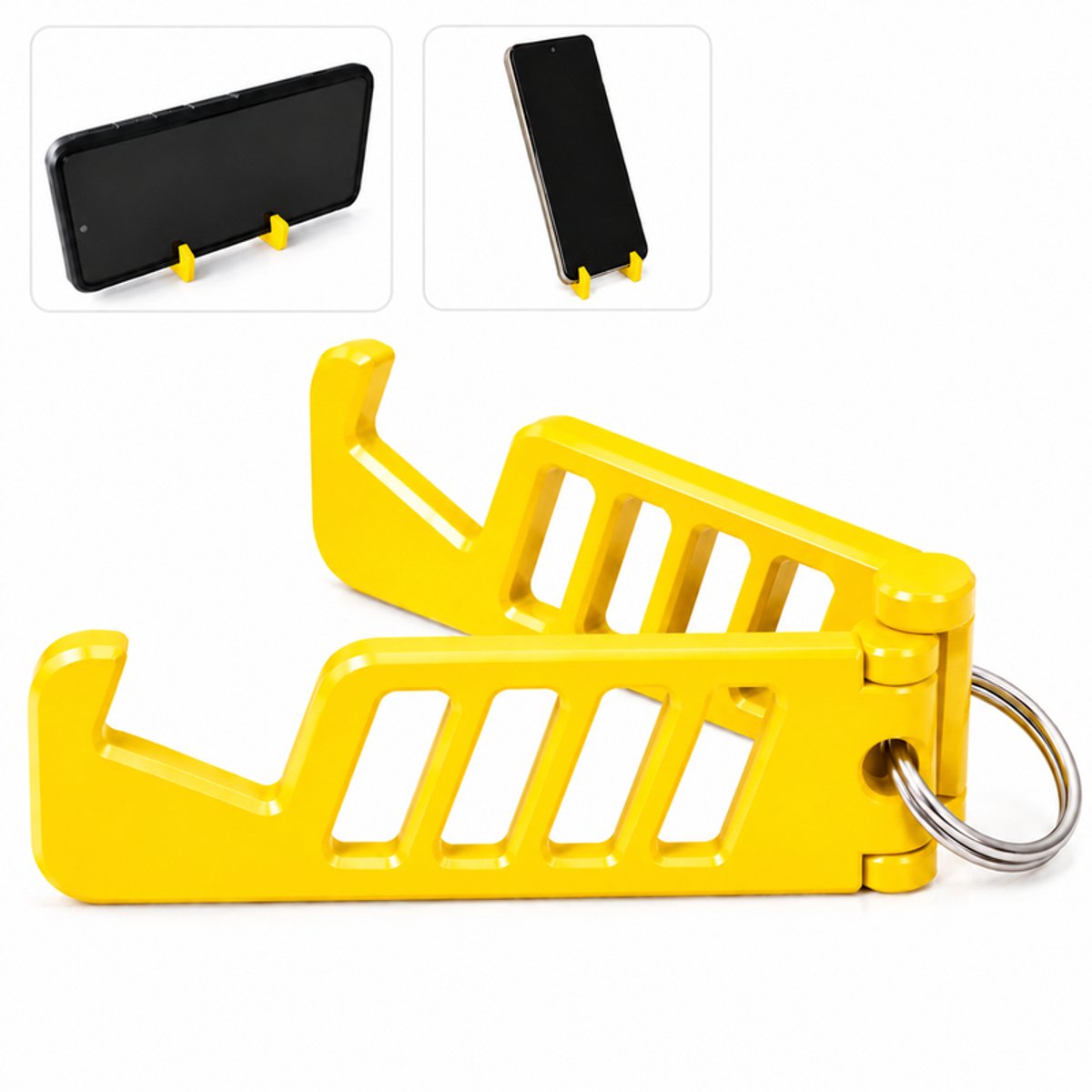 Compact Opvouwbare Telefoonhouder Sleutelhanger - Verstelbare Mobiele Telefoon Standaard Voor Smartphone - Inklapbare Bureau Houder Voor iPhone Samsung En Android - Staand En Liggend Kijken - Draagbaar Design Voor Onderweg En Reizen - Geel