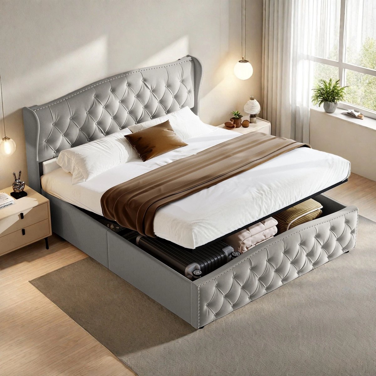Gestoffeerd Bed 160x200 cm met Lattenbodem,Tweepersoonsbed met Hydraulische Hendel,Opbergbed, gestoffeerd bedframe,fluweel,grijs,Zonder Matras