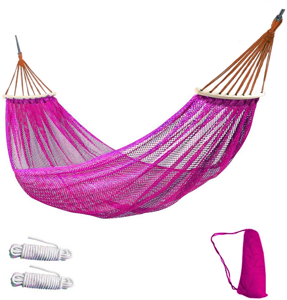 Roze Hangbed voor buiten – Ijsdraad net met gaten, buigbare schommelstok, anti-kantelbaar voor camping en toerisme