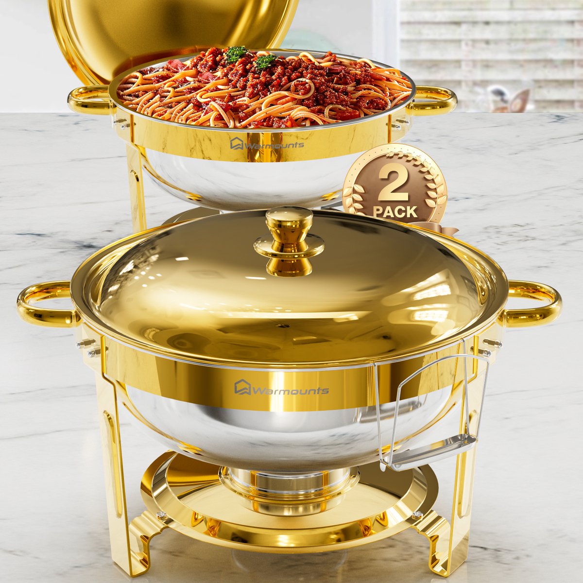 WARMOUNTS 2-delige Ronde Chafing Dish 4,7L – Goudkleurige Roestvrijstalen Buffetwarmer met Deksel en Houder, Spiegelpolijst – Ideaal voor Feest, Evenement of Bruiloft