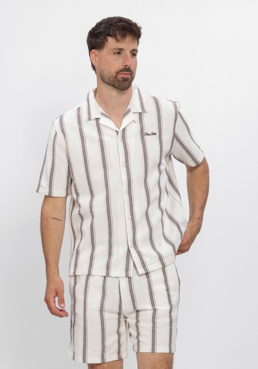 PURE PATH Striped Shortsleeved Shirt Heren - Vrijetijds blouse - Gebroken wit - Maat XXL