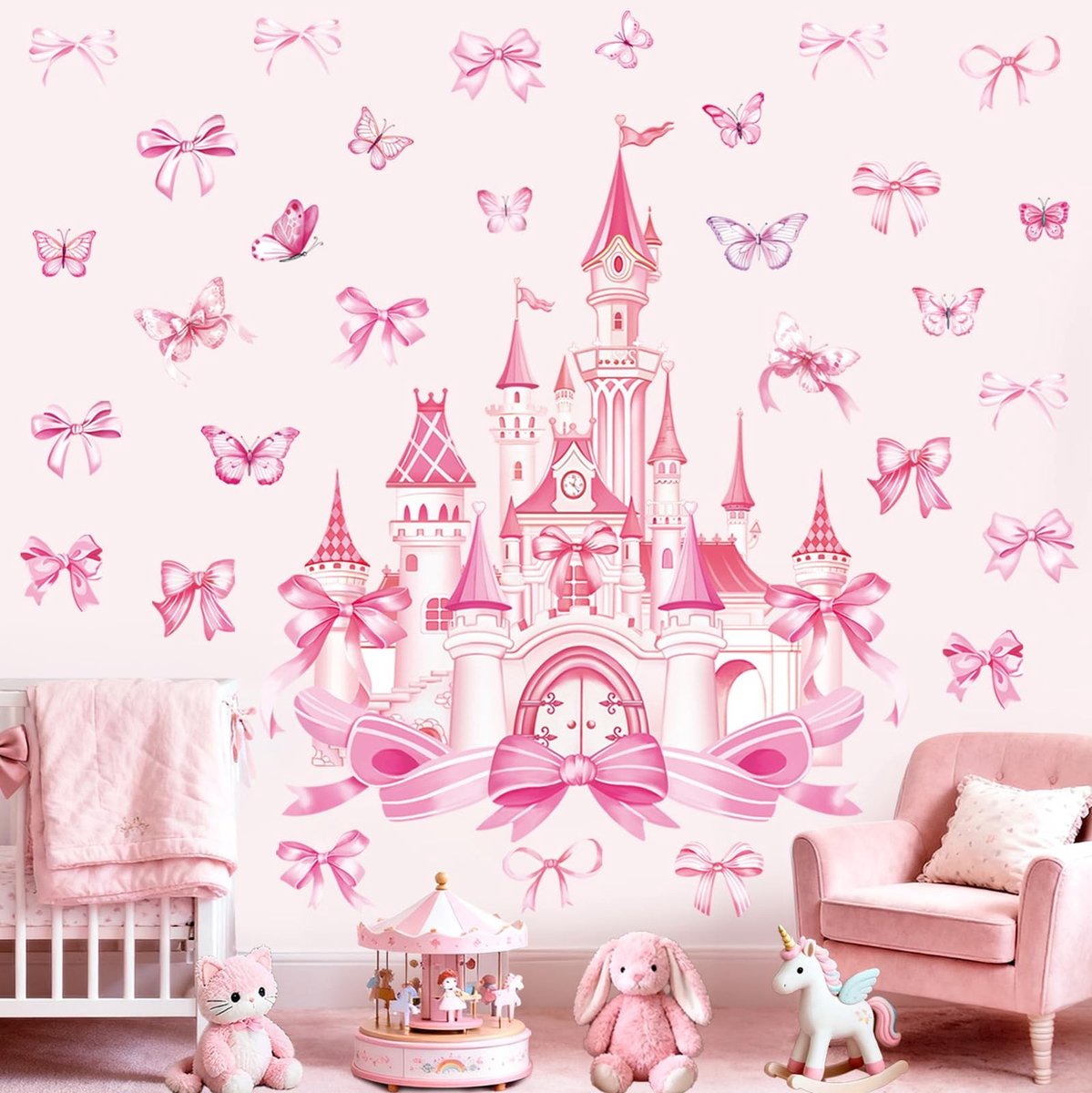 Livia home - Muurstickers - Roze Slot - Decoratief voor Kinderen - Vinyl - Vlinders en Strik - Veilig en Verwijderbaar - Geschikt voor Meisjes