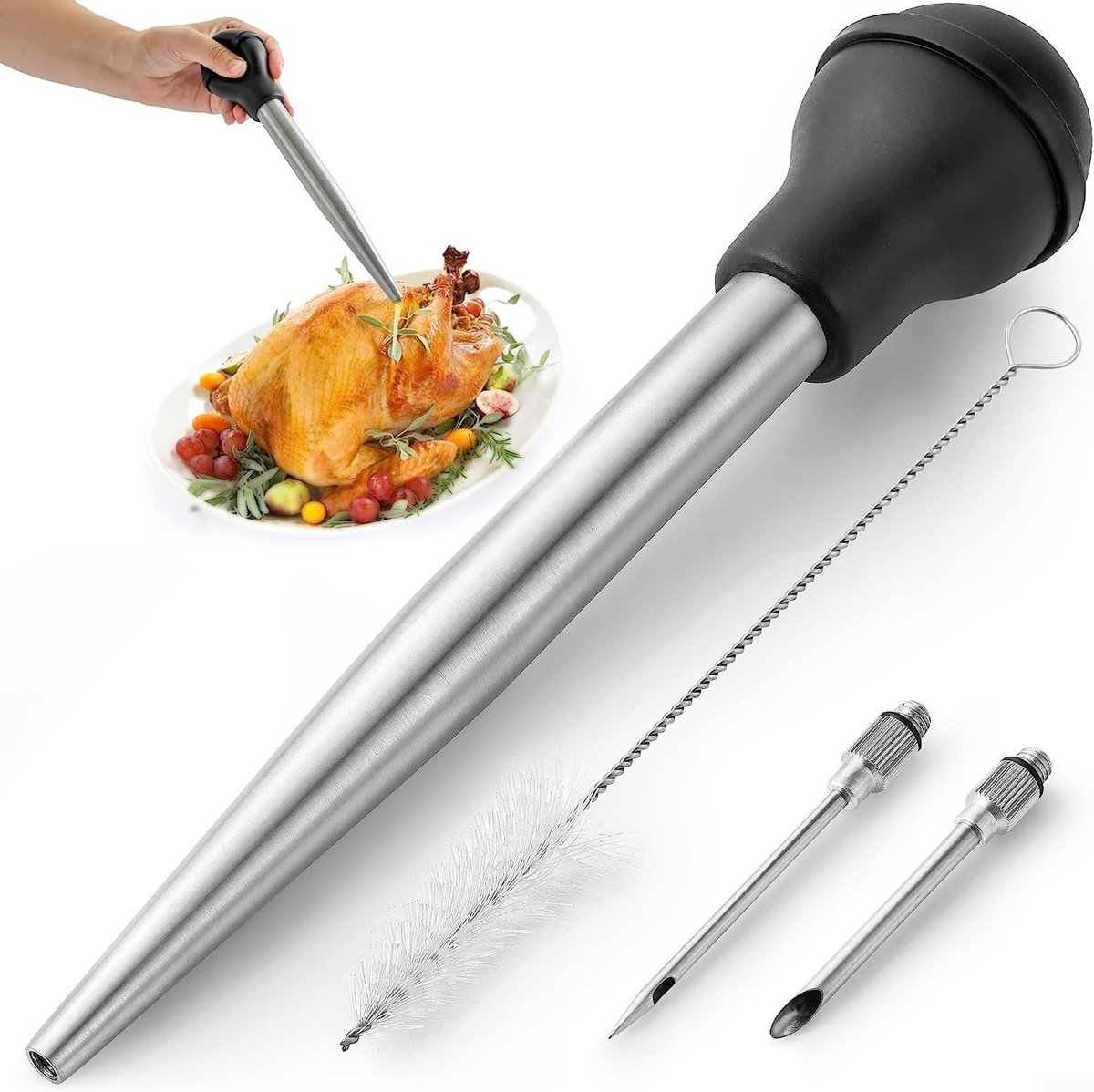 Smoakez - Roestvrijstalen Turkije Baster - Koken en Grillen - Duurzaam en Handig - 6,8 x 28 cm - Vlees Injector Set - Voor Thuis Koken - Inclusief ...