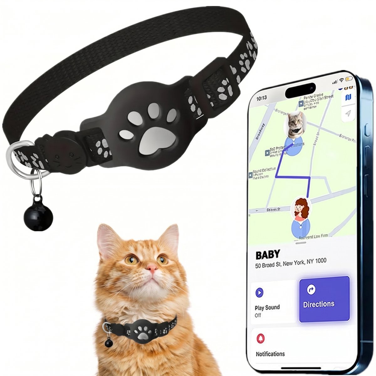 Gps-Trackinghalsband Voor Katten - Real-Time Locatietracking Met Reflecterende Halsband En Belletje - Geschikt Voor Gebruik Binnen En Buiten(Voor iOS & Android) - Waterdichte Anti-Verlies Tracker Voor Huisdieren- Zwart