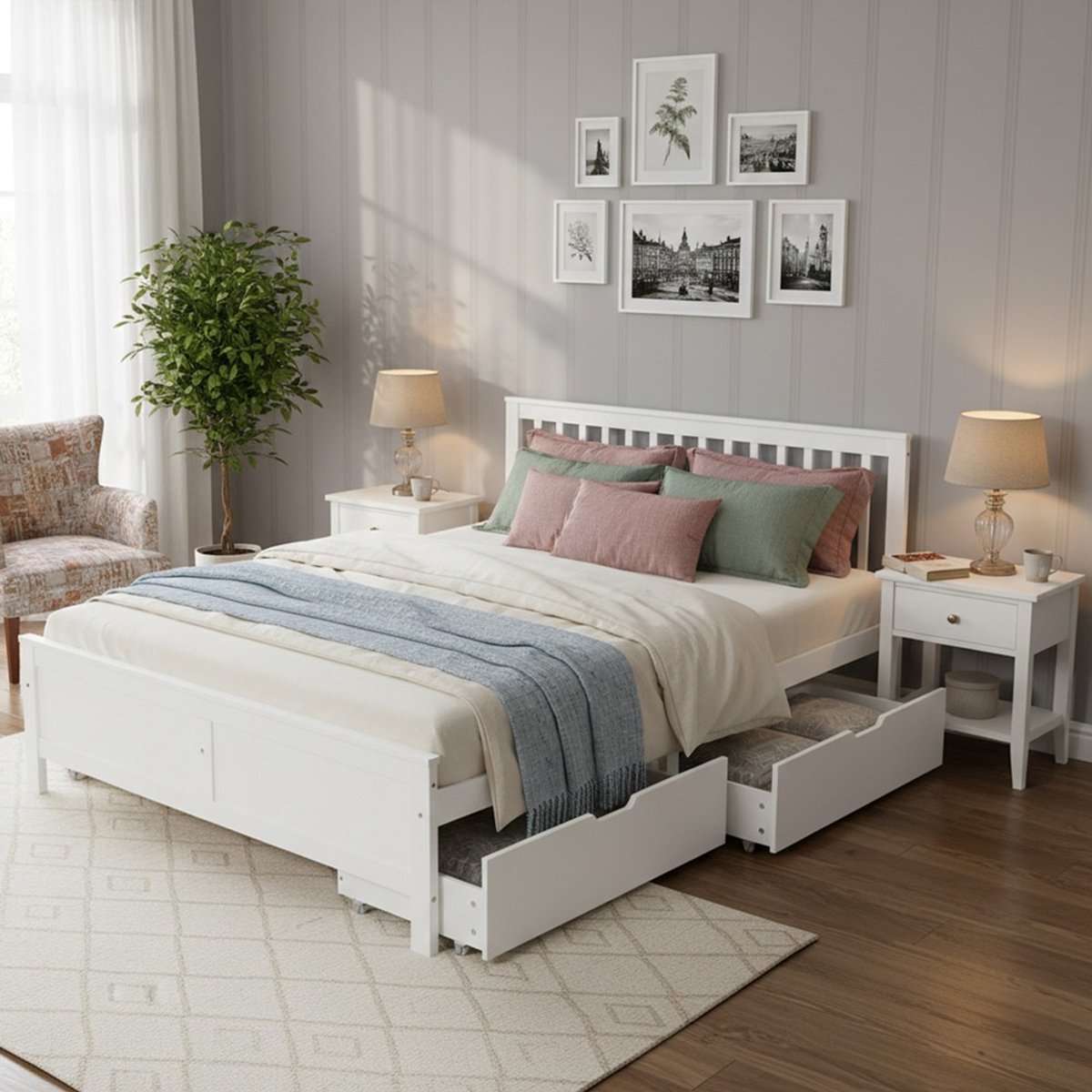 KOMHTOM Houten bed - tweepersoonsbed - jeugdbed - bed voor volwassenen - met opberglades - frame van grenenhout - wit - 140x200cm