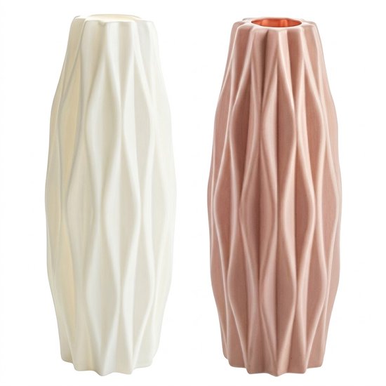 Wit en roze vazen set kunststof met reliëf structuur – 2 stuks smalle hoge bloemen vazen met keramiek look voor interieur decoratie woonkamer en eettafel