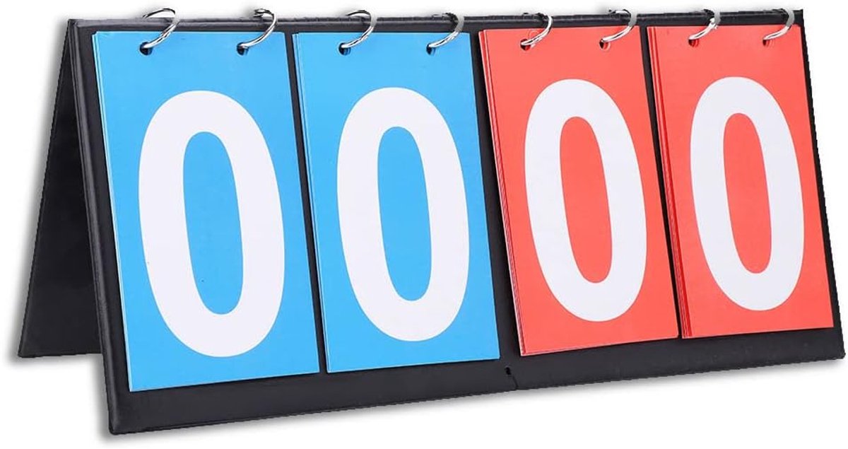 Scorebord Tafelmodel - Flip Score Tellen - 4-Cijferig - Sportscore Teller - Indoor/Outdoor Gebruik - Draagbaar Scorebord voor Sport - Voor Basketbal, Volleybal, Tafeltennis en tennissporten - Blauw/Rood - 36×16cm