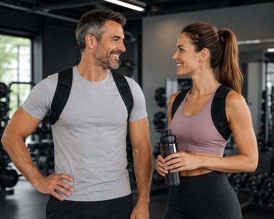 Man en vrouw in sportschool dragen Vivefly houding corrector