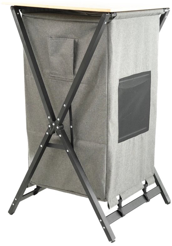 Grijze campingkast met een gaasraam en een voorvak.