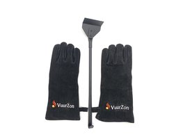 Hittebestendige handschoenen + Goldmann asschuiver – luxe haardset voor houtkachel & BBQ – suède leren handschoenen