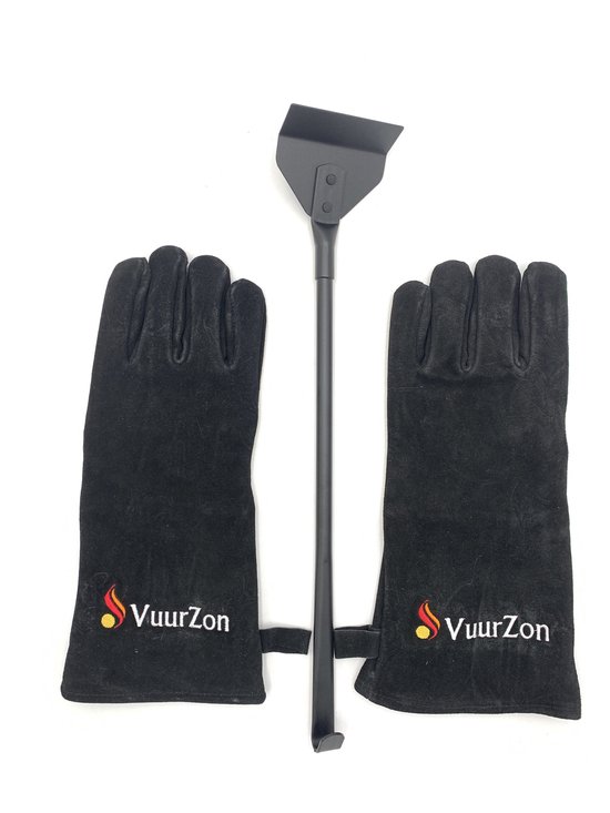 Zwarte suède handschoenen met het VuurZon logo en een asschuiver.
