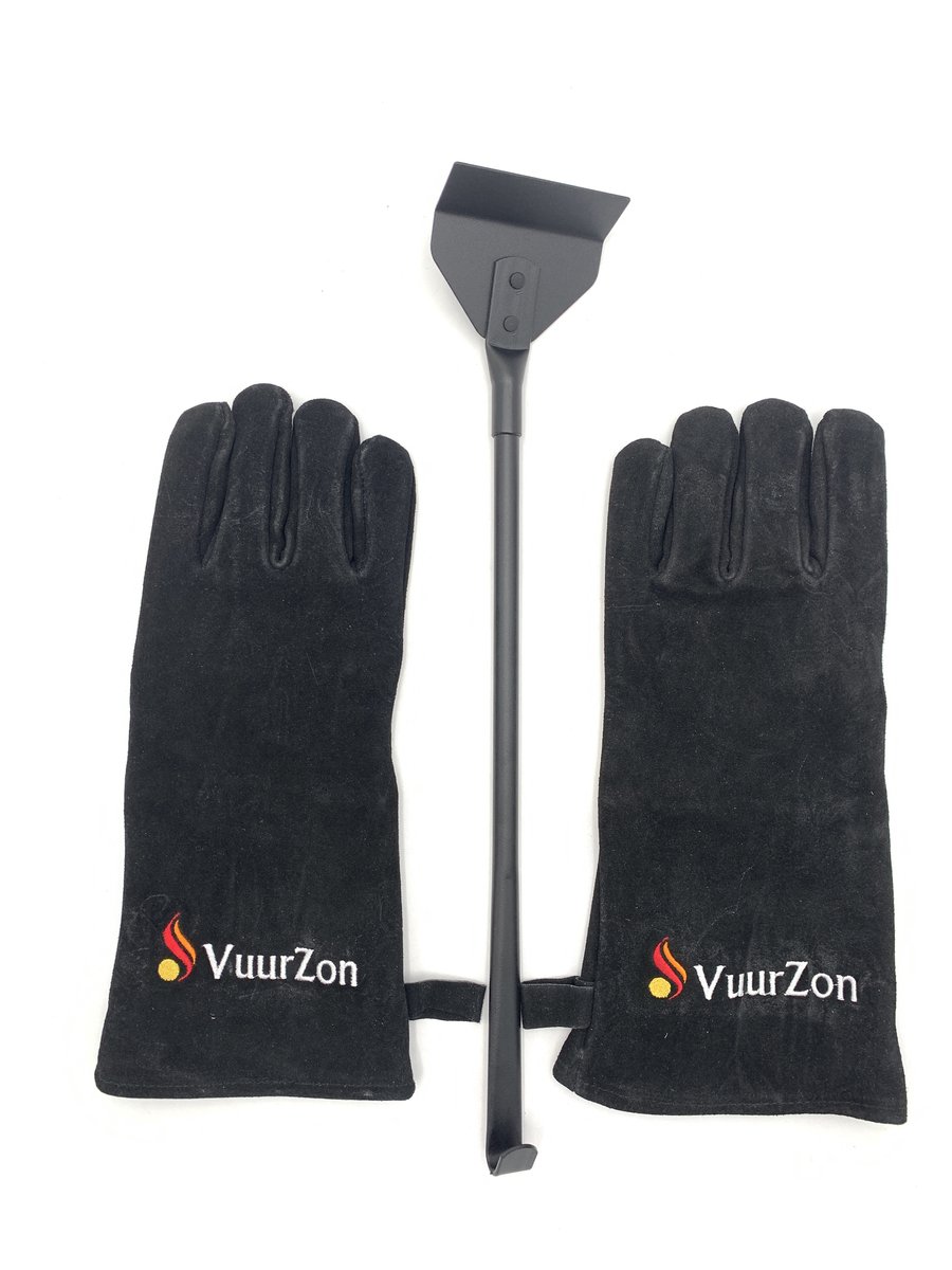 Hittebestendige handschoenen + Goldmann asschuiver – luxe haardset voor houtkachel & BBQ – suède leren handschoenen