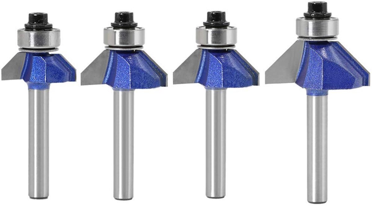 Jhubersproducts - 4 stks Afschuining Router Bits - Houtbewerking - 45 Graden - Voor nauwkeurige snedes - Wolfraamcarbide - Geschikt voor professionele