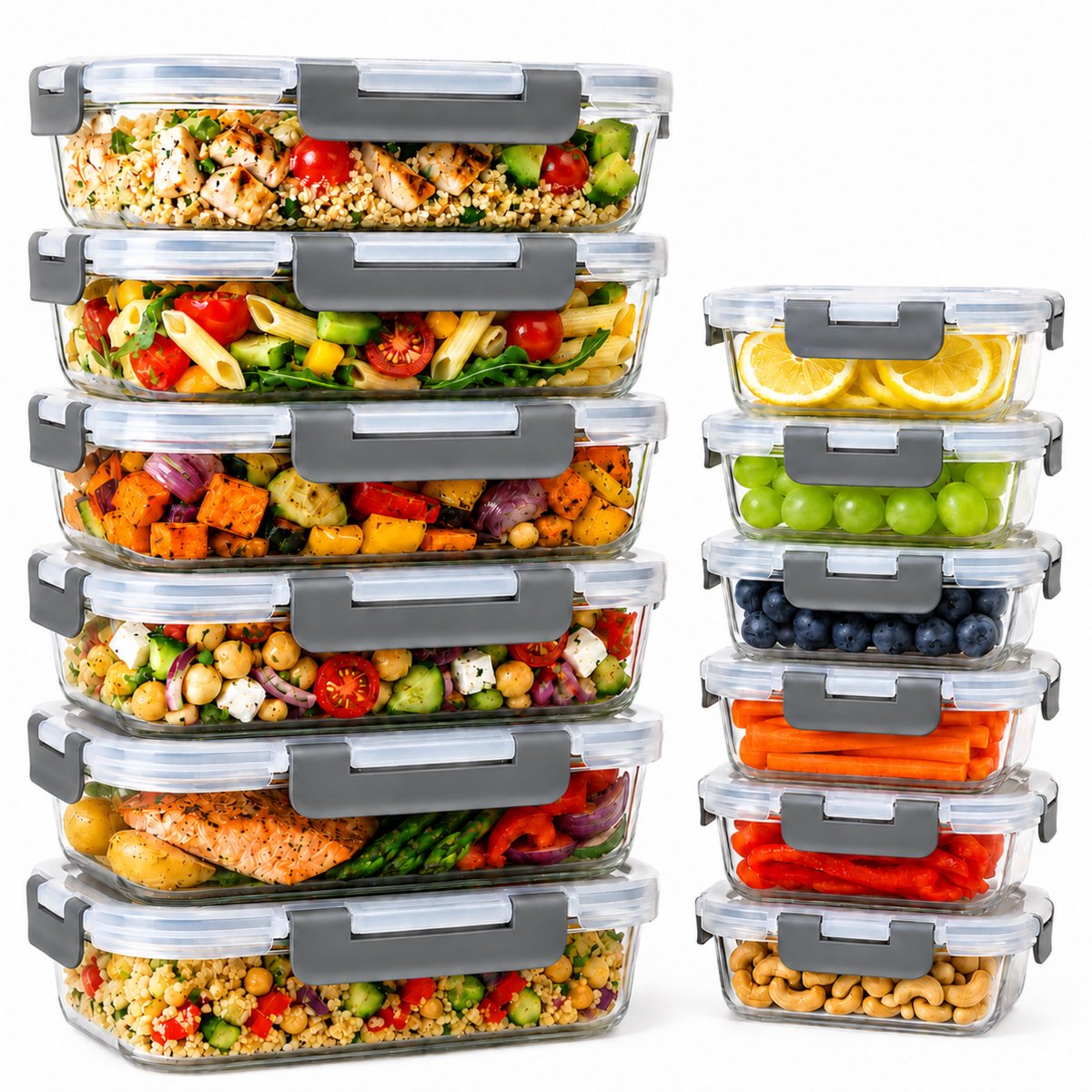 Five Stars® Glazen Vershoudbakjes - 12 Stuks - Meal Prep Bakjes - Luchtdichte Diepvriesbakjes - Met Deksel - 1040 ml & 370 ml