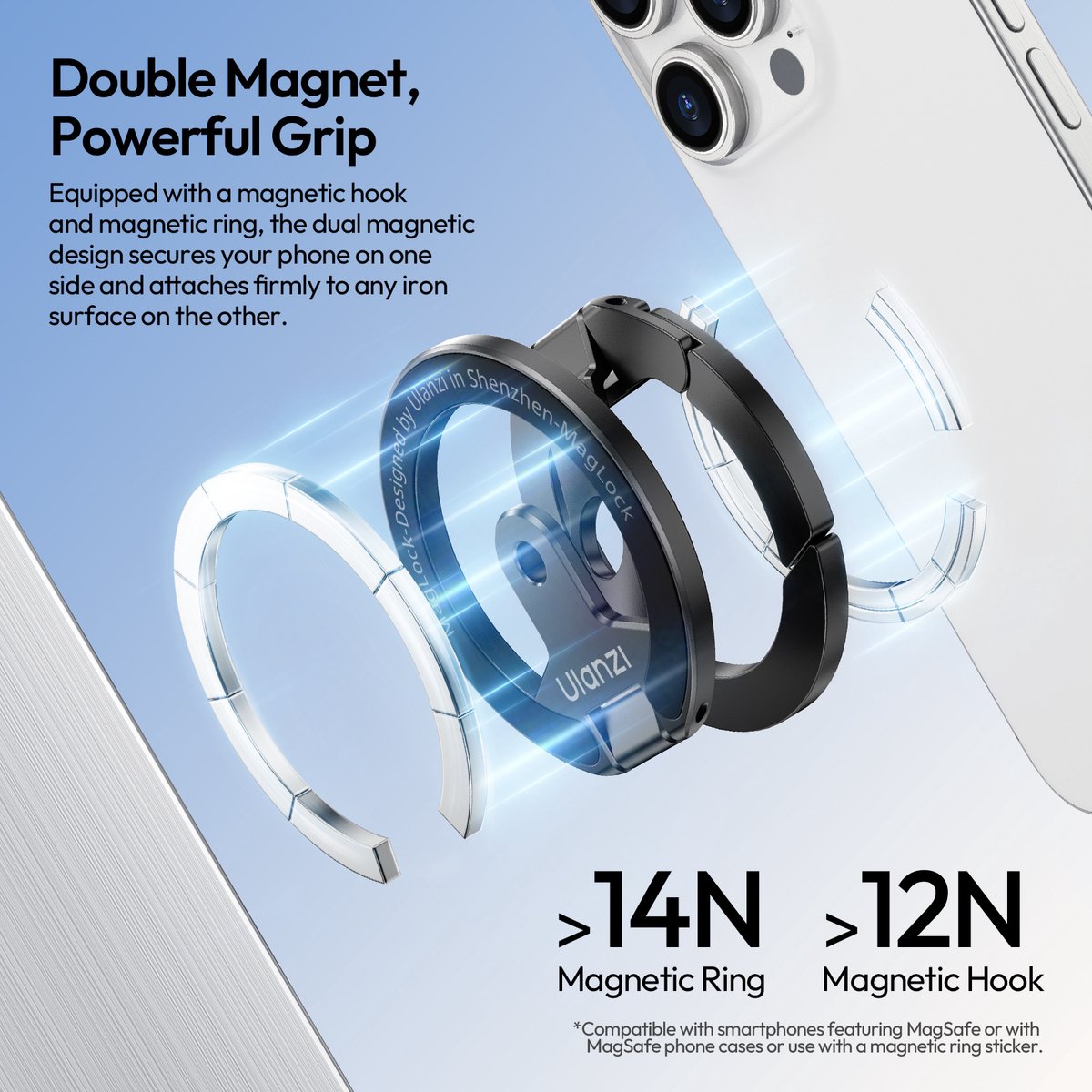 Ulanzi MA02 MagLock Dual Magnetic telefoonhouder met 1/4 inch schroefaansluiting - Zilver