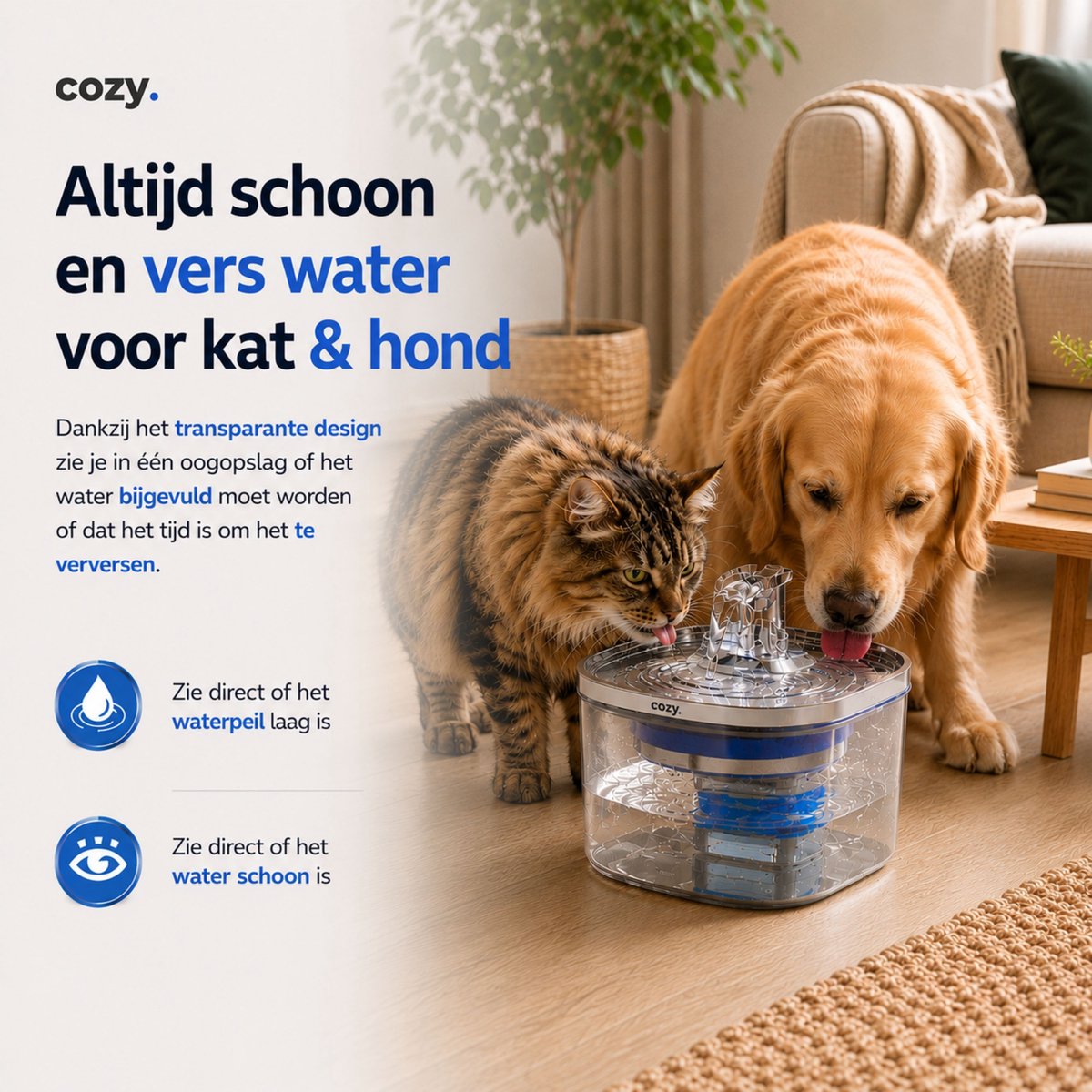 cozy.® Drinkfontein Kat Pro 2026 - Waterfontein Kat 2.0L - Kattenfontein - Waterbak Kat - Waterdispenser Kat - Muisstil & Automatisch - Inclusief Filter & Temp. Controle - Anti knoei Drinkbak thumbnail 2
