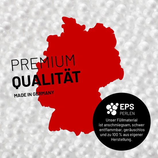 Een rode kaart van Duitsland tegen een achtergrond van witte EPS-parels. Tekst zegt 'PREMIUM QUALITÄT MADE IN GERMANY'.