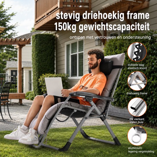 Sello! relaxstoel - tuinstoel - campingstoel - camping - voetensteun - kussen - bekerhouder - verstelbaar 90°-170° - opvouwbaar — afbeelding 2