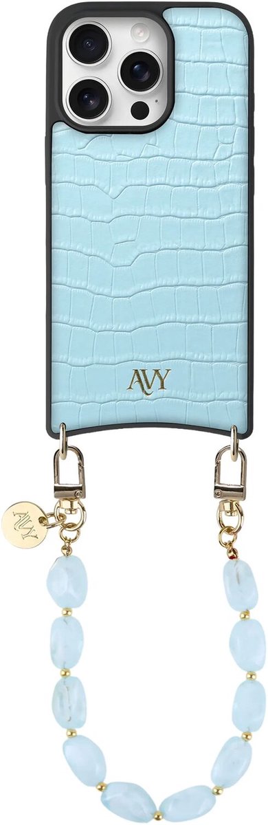 AVY Leren Hoesje Geschikt voor Apple iPhone 16 Pro Max | Compatibel met MagSafe | Leather Case met Telefoonkoord | Polsband | Croco Blauw | Rocher Blue