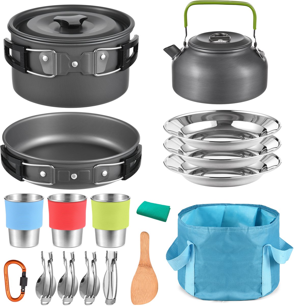 21-delige Camping Kookset – Outdoor Pannenset met Waterkoker – Lichtgewicht Kookgerei