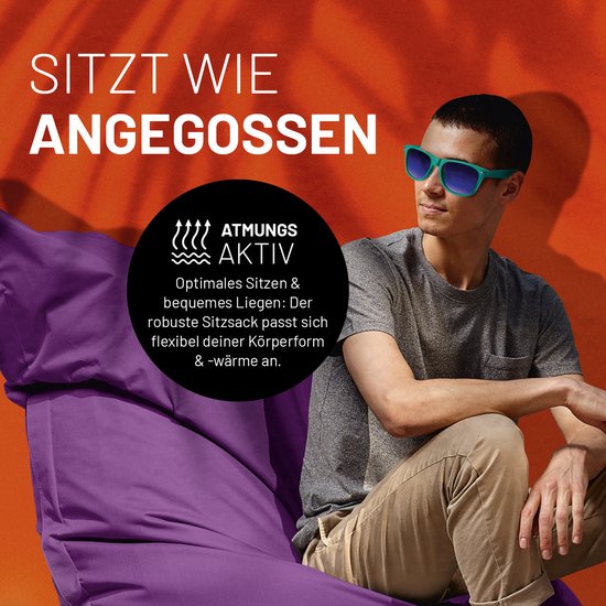 Man in paarse zitzak met zonnebril, tekst 'Sitzt wie angegossen' en 'Atmungsaktiv'.