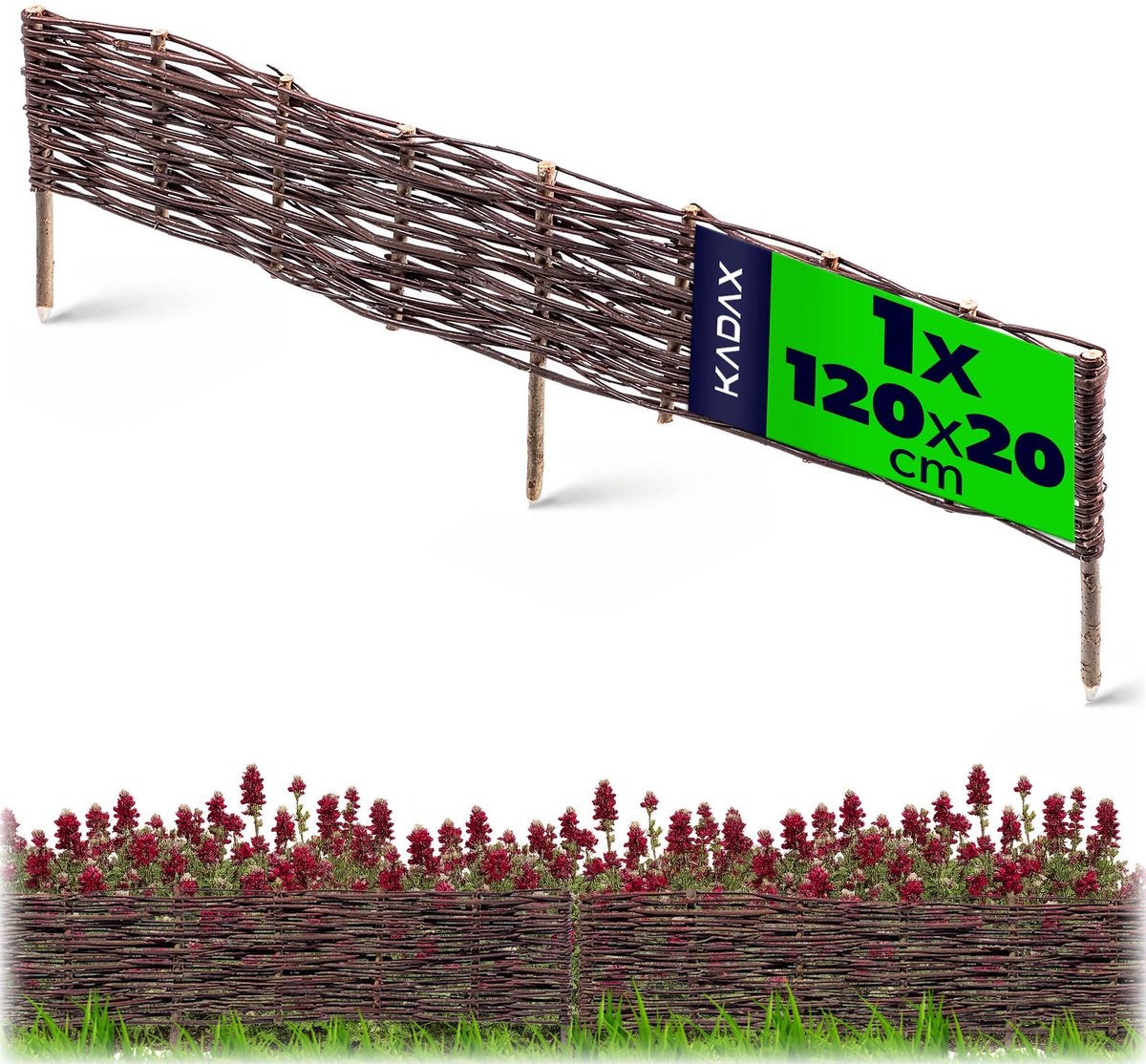 KADAX Palissade van wilgentenen, natuurlijk wilgenhek, handgemaakt wilgenvlechthek, tuinhek voor paden en bloembedden, omheining gazonrand (1 stuk 120 x 20 cm)