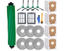 19stuks - Geschikt voor iRobot Roomba Plus 505/405/507 Combo Robotstofzuiger: 1 hoofdborstel - 4 stofzakken - 4 zijborstels - 2 HEPA- filters - 6 dweilen - 1 geel reinigingsborstel en 1 blauw reinigingsborstel
