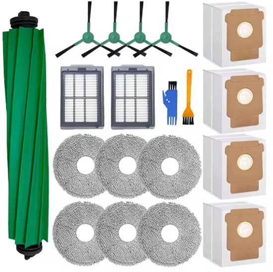 Een set robotstofzuigeraccessoires, met een groene hoofdborstel, vier zijborstels, twee HEPA-filters, zes dweilen, vier stofzuigerzakken, en twee reinigingsborstels.