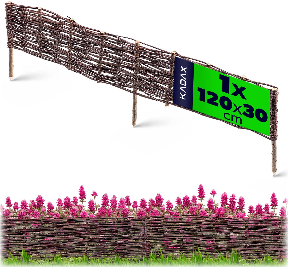 KADAX Palissade van wilgentenen, natuurlijk wilgenhek, handgemaakt wilgenvlechthek, tuinhek voor paden en bloembedden, omheining gazonrand (1 stuk 120 x 30 cm)